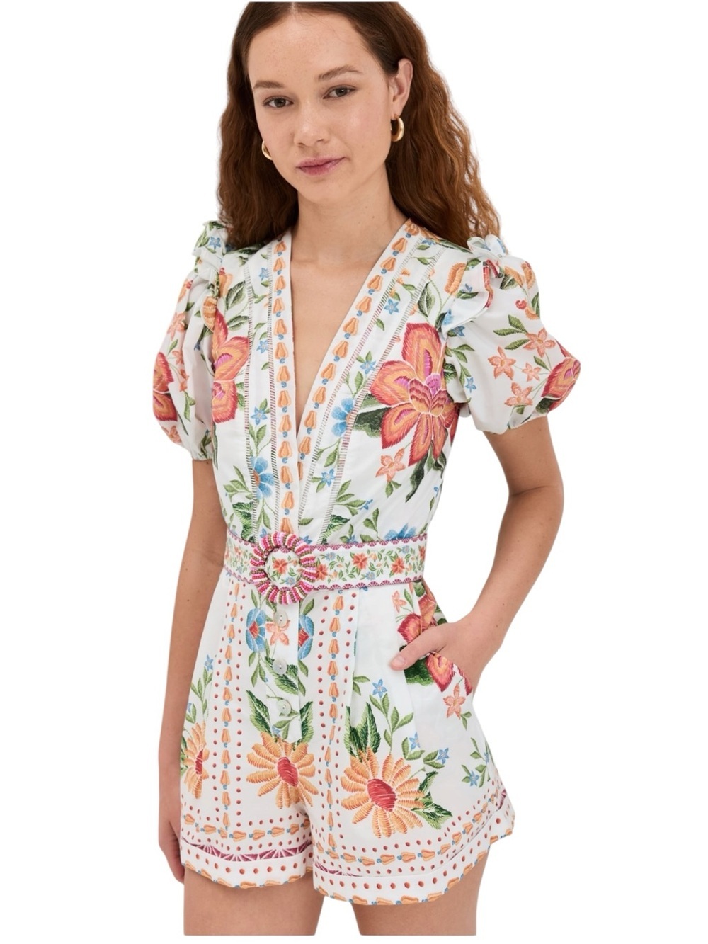 FARM Rio Bloom Garden Floral Tropical Puff Sleeve Ruffle Off-White Romper SZ L